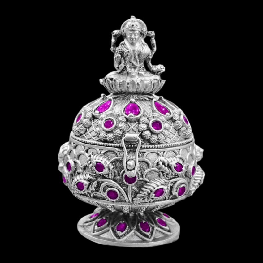 Lakshmi Artwork Box Lid Vermilion (Sindur) Container in Pure Silver